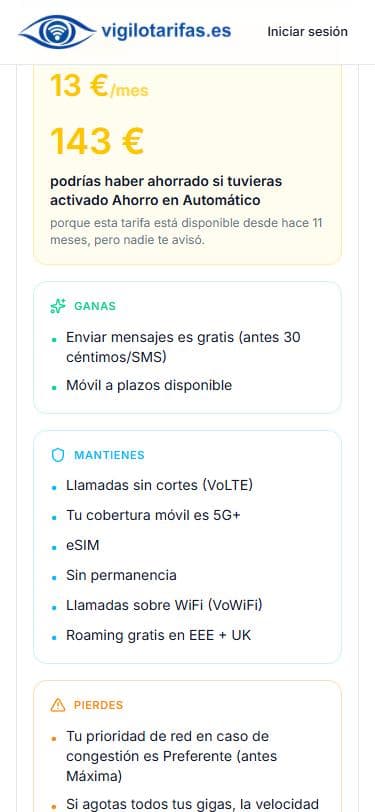 Detalle expandido: tres bloques verticales GANAS (verde), MANTIENES (azul) y PIERDES (naranja) con listado de features concretas.