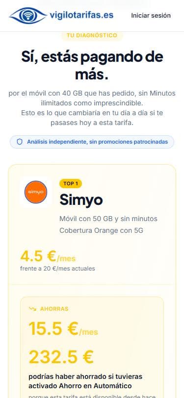 Pantalla de resultado: badge 'TU DIAGNÓSTICO', titular 'Sí, estás pagando de más', tarjeta ganadora Simyo con precio 4,5€/mes y ahorro 15,5€/mes (232,5€/año).