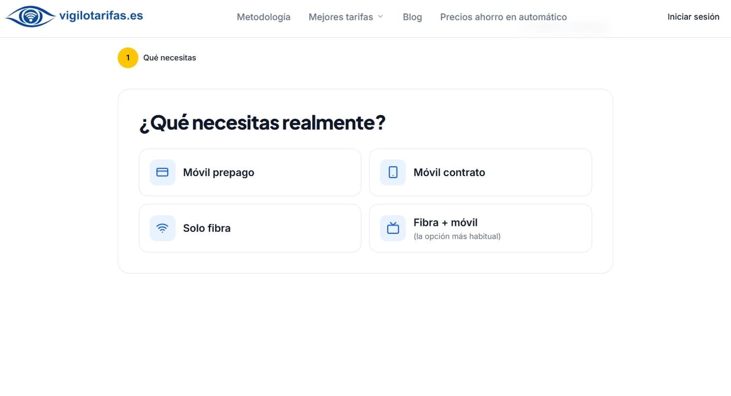 Primer paso del wizard: '¿Qué necesitas realmente?' con 4 opciones (Móvil prepago, Móvil contrato, Solo fibra, Fibra + móvil).