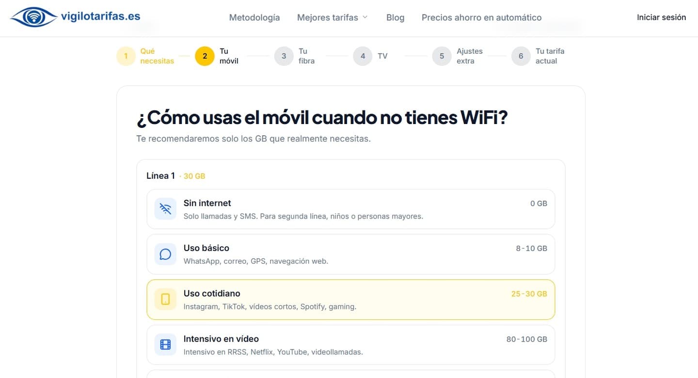 Segundo paso del wizard: '¿Cómo usas el móvil cuando no tienes WiFi?' con opciones Sin internet, Uso básico, Uso cotidiano 25-30 GB destacado, Intensivo en vídeo, Intensivo pro y Otro.