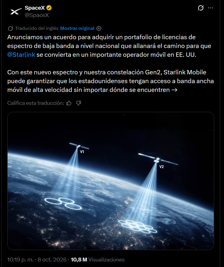 Captura del anuncio de SpaceX en X del 8 de octubre de 2026 sobre la compra de espectro de banda baja para Starlink Mobile